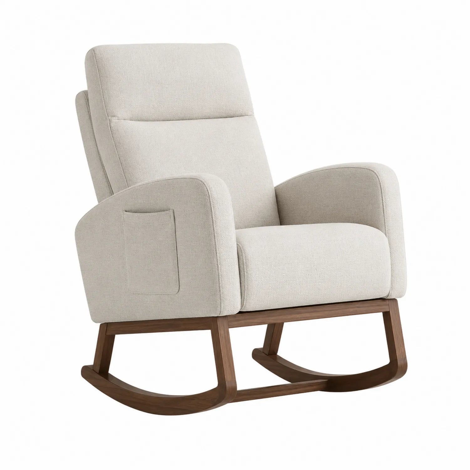 Sillón mecedora de tela beige con base de madera 80x90x100 cm
