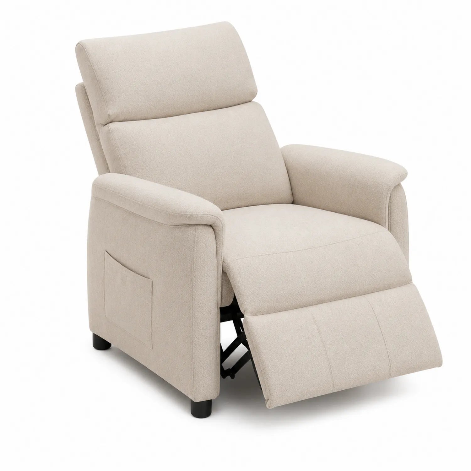 Sillón reclinable de poliéster beige con reposapiés y bolsillo lateral