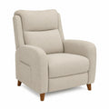 Sillón reclinable de tela beige con patas de madera