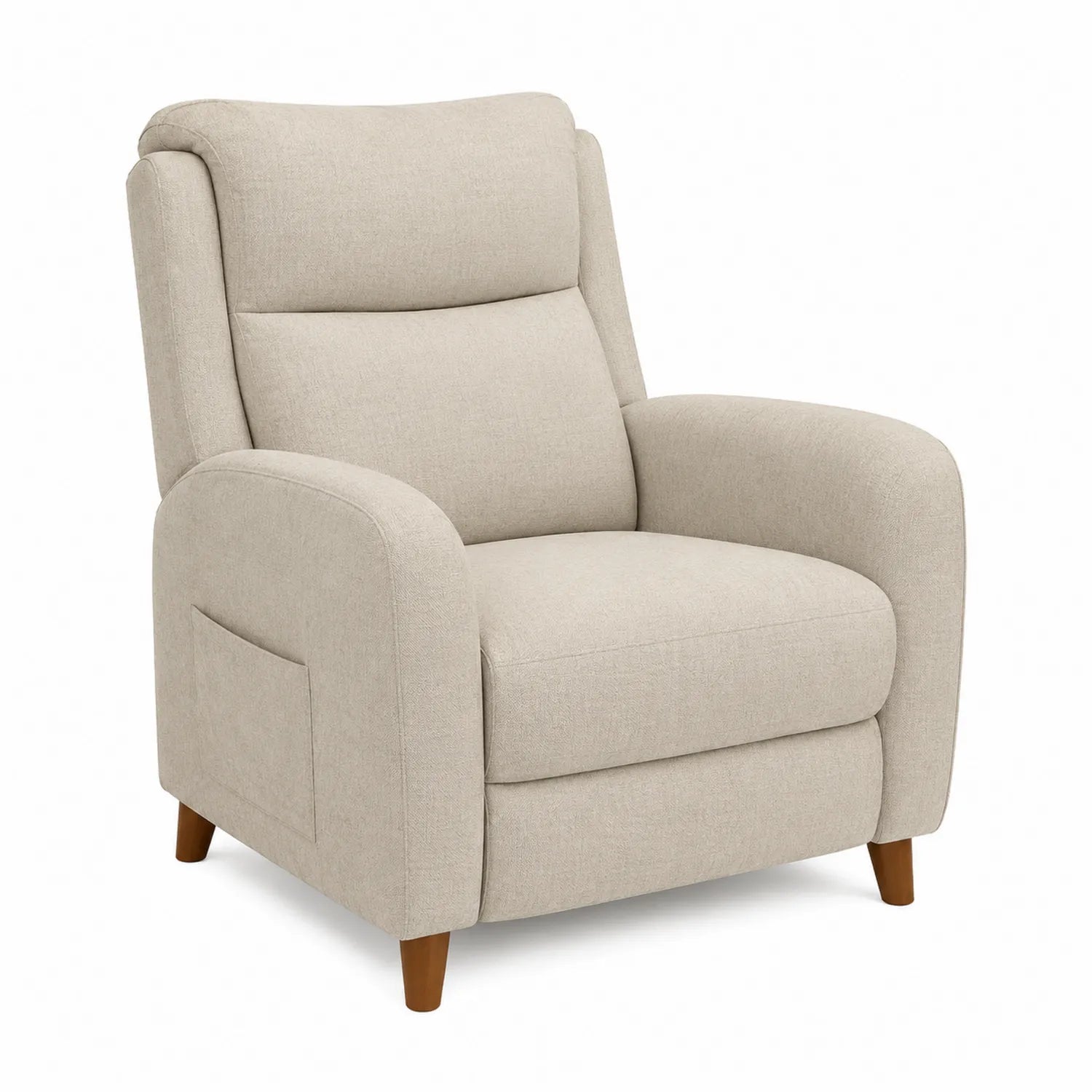 Sillón reclinable de tela beige con patas de madera