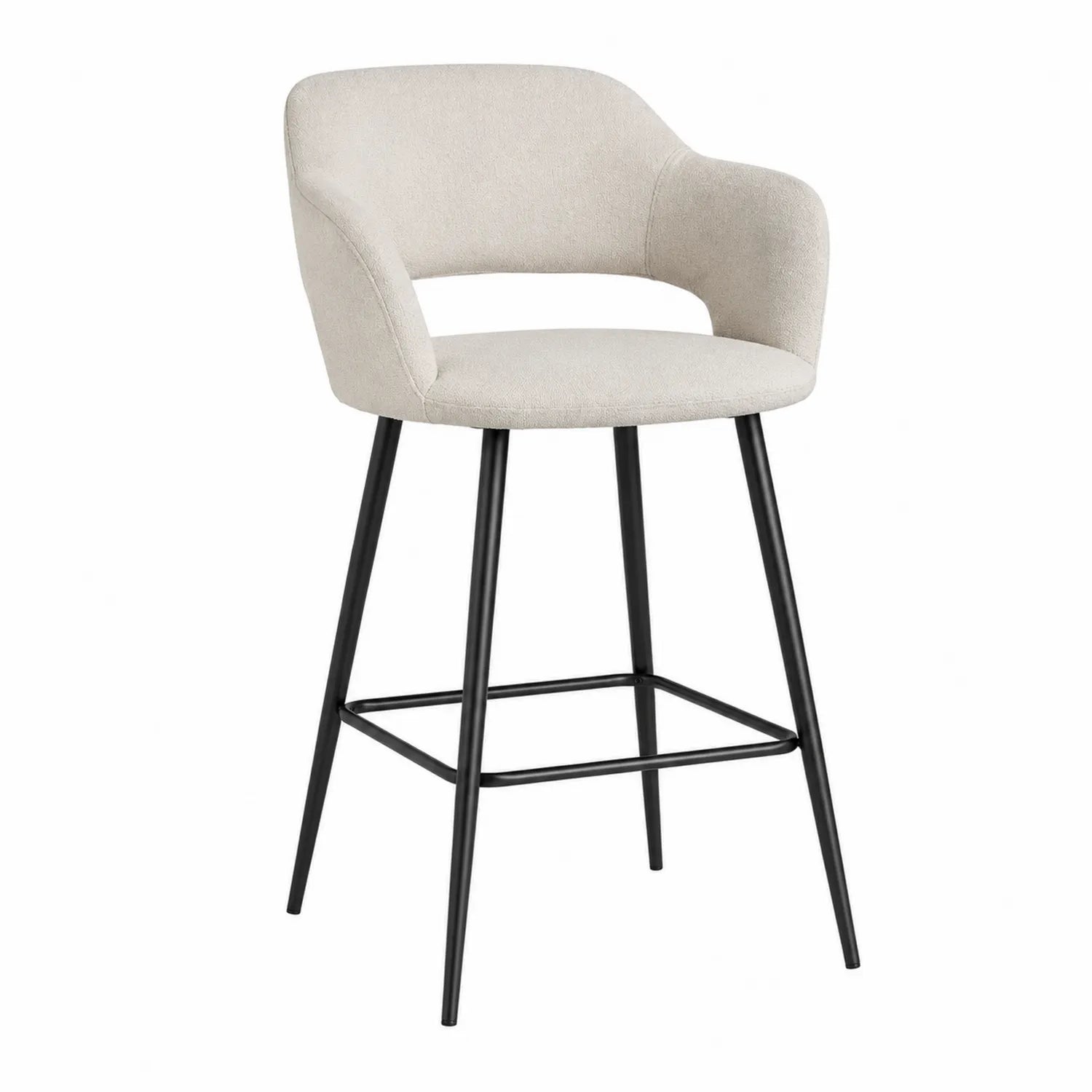 Taburete de bar con tapizado de poliéster beige y patas de metal negro