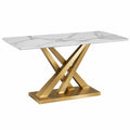 Mesa de comedor de mármol blanco con base de acero dorado