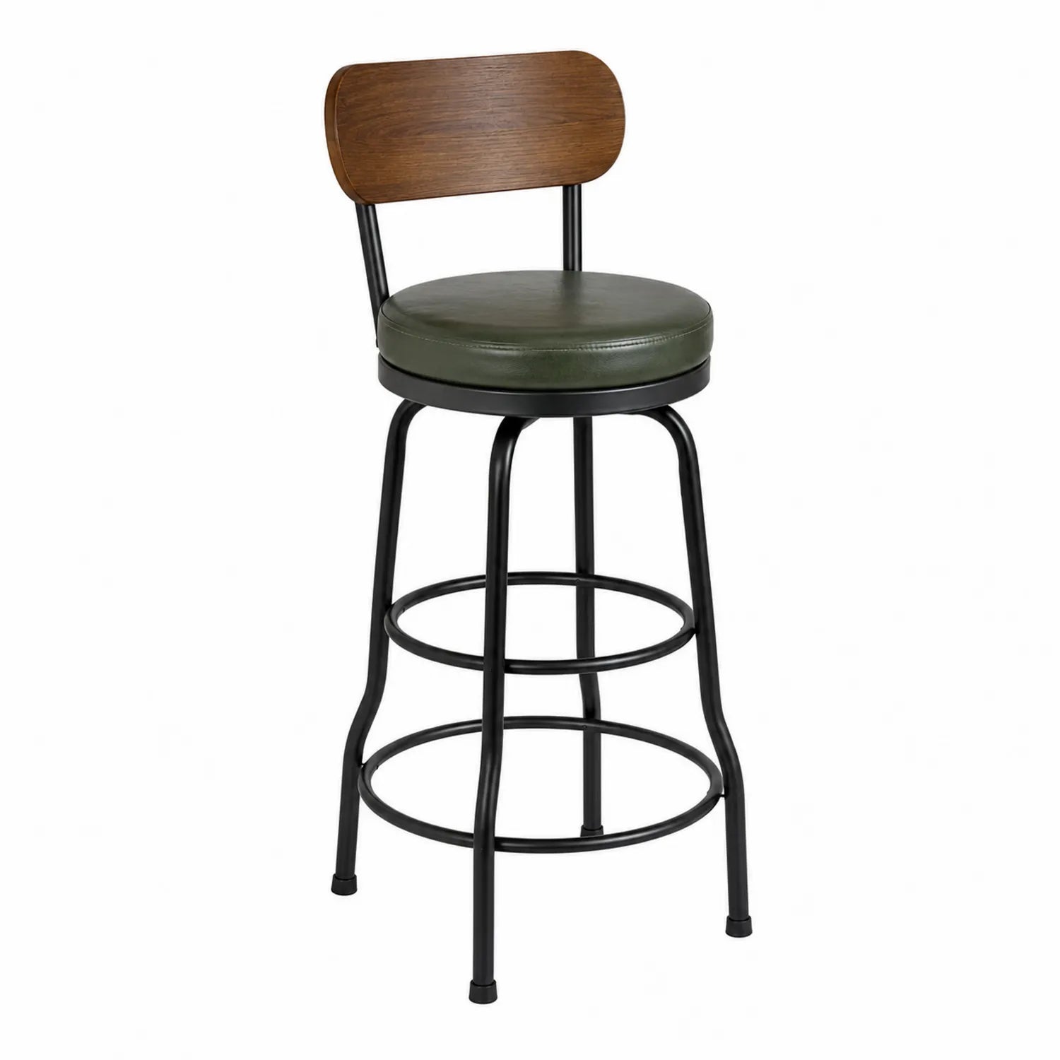 Taburete giratorio de cuero PU verde con respaldo de madera y patas de metal