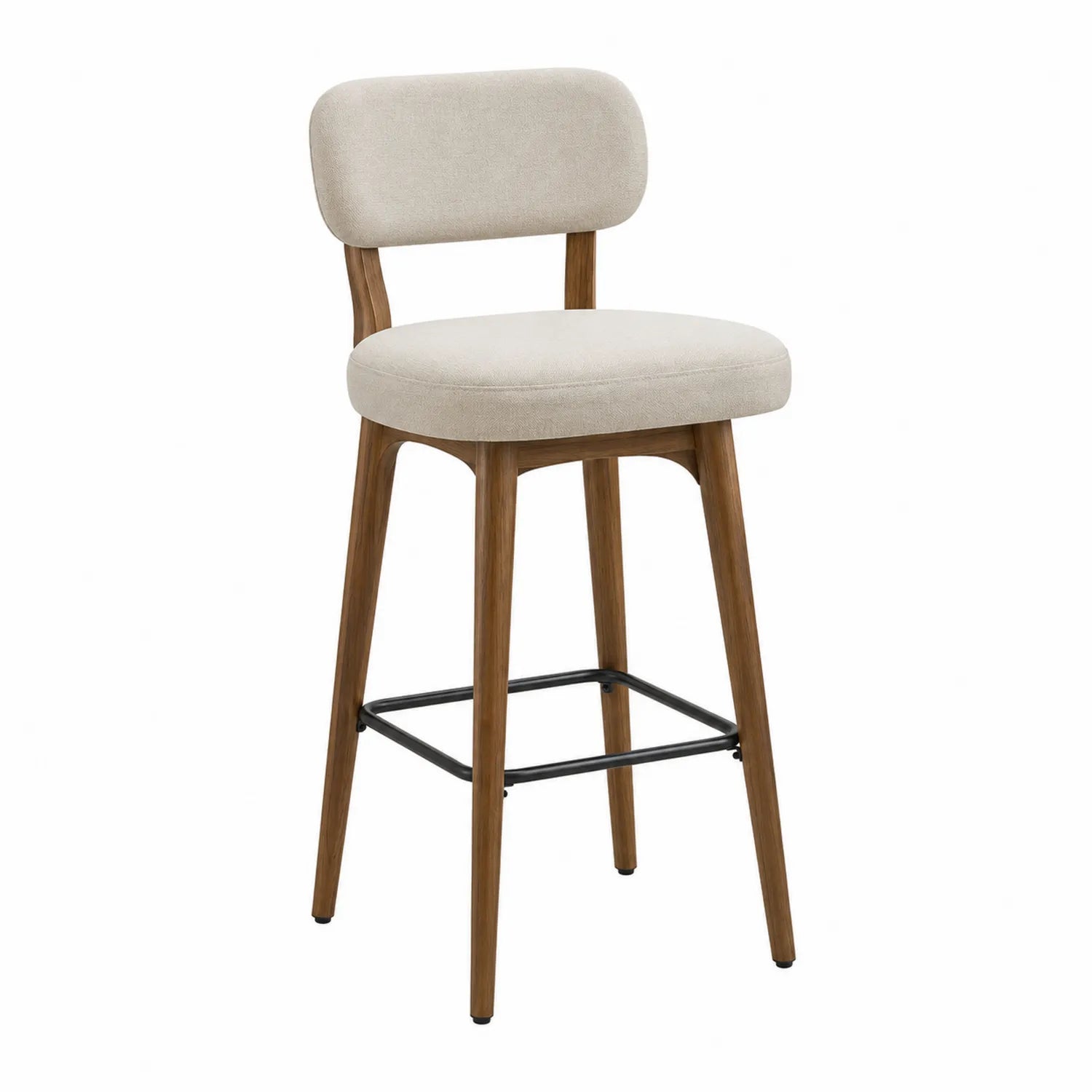 Taburete de tela beige con estructura de madera y metal