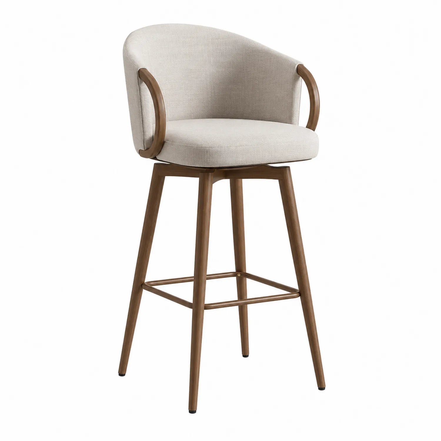 Taburete de bar con tapizado de tela beige y patas de madera